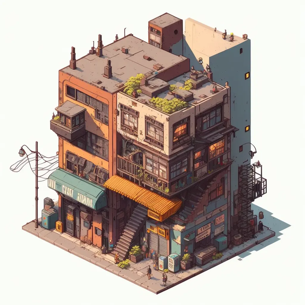 Isometric clean pixel art image of outside of old apartment building